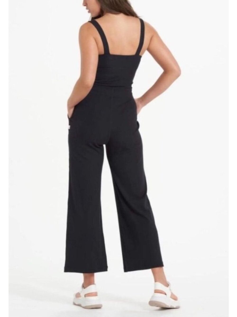 Vuori Pose Ribbed Jumpsuit XL Black Athleisure Casual Drawstring Wide Leg EUC - Picture 2 of 9